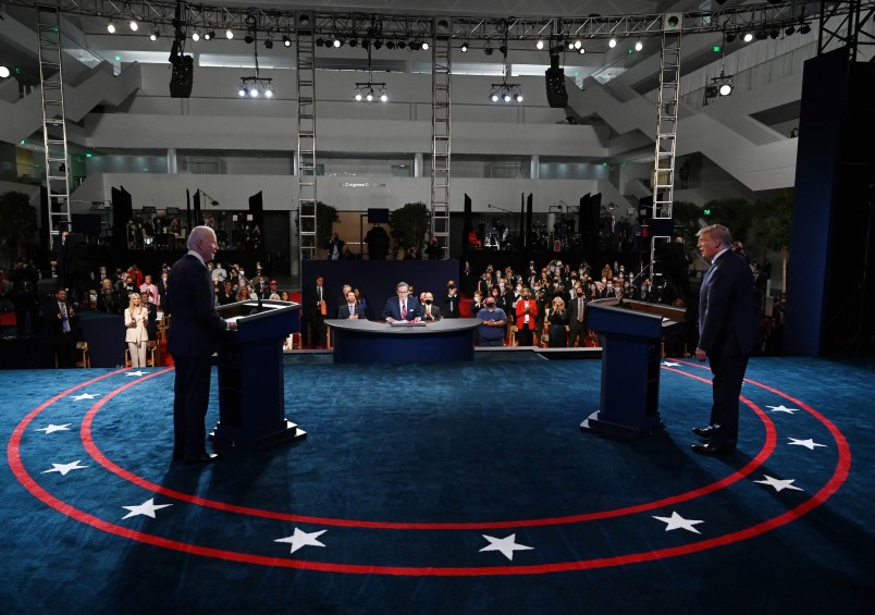 US President Donald Trump (R) and former Vice President and Democratic presidential nominee Joe Biden participate in the first presidential debate at the Health Education Campus of Case Western Reserve University on September 29, 2020 in Cleveland, Ohio. This is the first of three planned debates between the two candidates in the lead up to the election on November 3.