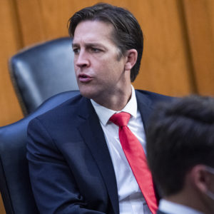 UNITED STATES - OCTOBER 15: Sens. Ben Sasse, R-Neb., left, and Josh Hawley, R-Mo., attend the Senate Judiciary Committee executive business meeting on Supreme Court justice nominee Amy Coney Barrett in Hart Senate Office Building on Thursday, October 15, 2020. (Photo By Tom Williams/CQ Roll Call/POOL)