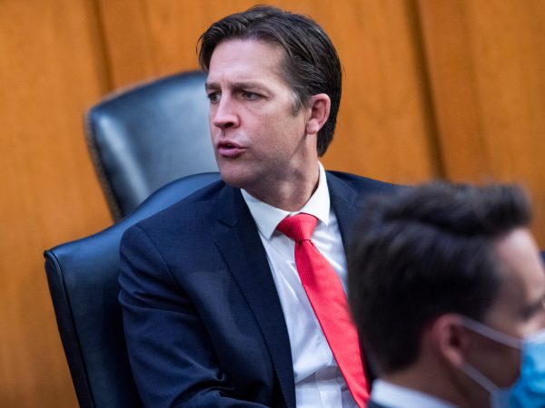 UNITED STATES - OCTOBER 15: Sens. Ben Sasse, R-Neb., left, and Josh Hawley, R-Mo., attend the Senate Judiciary Committee executive business meeting on Supreme Court justice nominee Amy Coney Barrett in Hart Senate Office Building on Thursday, October 15, 2020. (Photo By Tom Williams/CQ Roll Call/POOL)