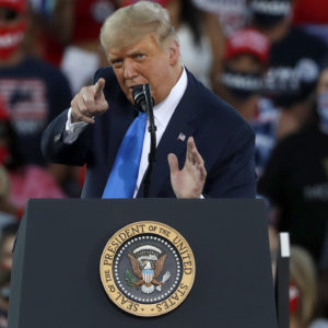 CARSON CITY, NV - OCTOBER 18: President Donald Trump gestures during a campaign rally on October 18, 2020 in Carson City, Nevada. With 16 days to go before the November election, President Trump is back on the campaign trail with multiple daily events as he continues to campaign against Democratic presidential nominee Joe Biden. (Photo by Stephen Lam/Getty Images)