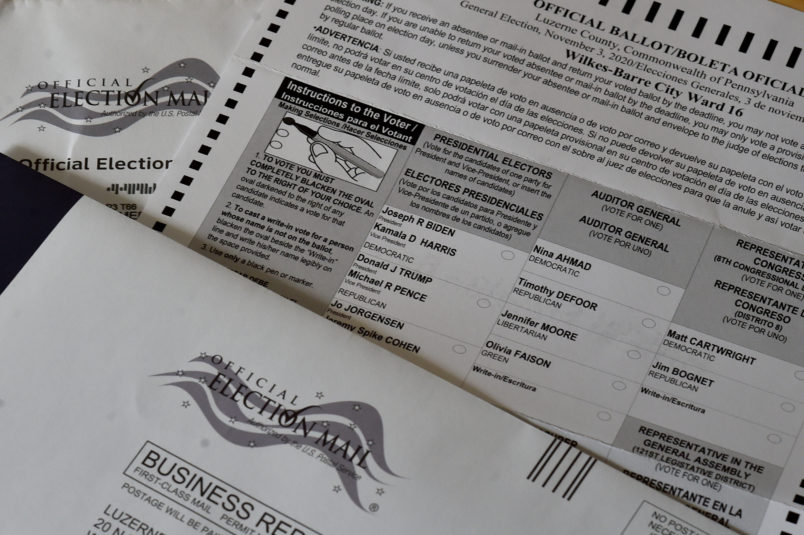 WILKES-BARRE, PENNSYLVANIA, UNITED STATES - 2020/10/22: A view of an official Mail-in ballot for the 2020 general election.Mail-in Ballots have gone out and they are being returned. (Photo by Aimee Dilger/SOPA Images/LightRocket via Getty Images)