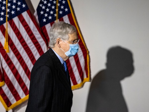 WASHINGTON, DC - OCTOBER 26: Senate Majority Leader Mitch McConnell (R-KY) heads into the Republicans Policy Luncheon on October 26, 2020 in Washington, DC. It is expected that the Senate will vote on the nomination of Judge Amy Coney Barrett to be an Associate Justice of the Supreme Court later in the day. (Photo by Samuel Corum/Getty Images) *** Local Caption *** Mitch McConnell