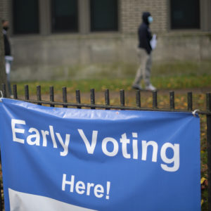PHILADELPHIA, PA - OCTOBER 27:  Vvoters queue outside of a satellite polling station on October 27, 2020 in Philadelphia, Pennsylvania.  With the election only a week away, this new form of in-person voting by using mail ballots, has enabled tens of millions of voters to cast their ballots before the general election. Vying to recapture the Keystone State’s vital 20 electoral votes in order to bolster his reelection prospects, President Donald Trump held three rallies throughout Pennsylvania yesterday.  (Photo by Mark Makela/Getty Images)
