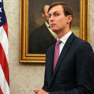 Jared Kushner listens as President Donald Trump participates in a bilateral meeting with the Prime Minister of the Republic of Iraq, Mustafa Al-Kadhimi, in the Oval Office of the White House in Washington DC on August 20th, 2020.