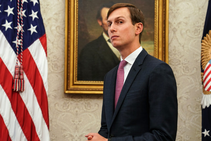 Jared Kushner listens as President Donald Trump participates in a bilateral meeting with the Prime Minister of the Republic of Iraq, Mustafa Al-Kadhimi, in the Oval Office of the White House in Washington DC on August 20th, 2020.
