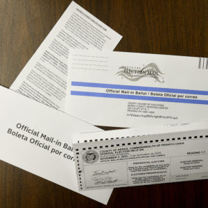 A photo of items that are sent to people who request a mail ballot, ballot, instructions, secrecy envelope, and official mailing envelope. Mail in Ballot materials for the Nov. 3, 2020 election, photographed at the Election Services Office for Berks County Pennsylvania, in Reading, PA Monday morning September 28, 2020.
