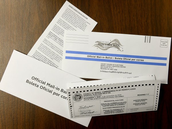 A photo of items that are sent to people who request a mail ballot, ballot, instructions, secrecy envelope, and official mailing envelope. Mail in Ballot materials for the Nov. 3, 2020 election, photographed at the Election Services Office for Berks County Pennsylvania, in Reading, PA Monday morning September 28, 2020.