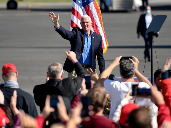 Vice President Mike Pence waves to the crowd. At the Reading Regional Airport in Bern township Saturday October 17, 2020 where Vice President Mike Pence made a stop in Air Force 2 for a campaign rally.