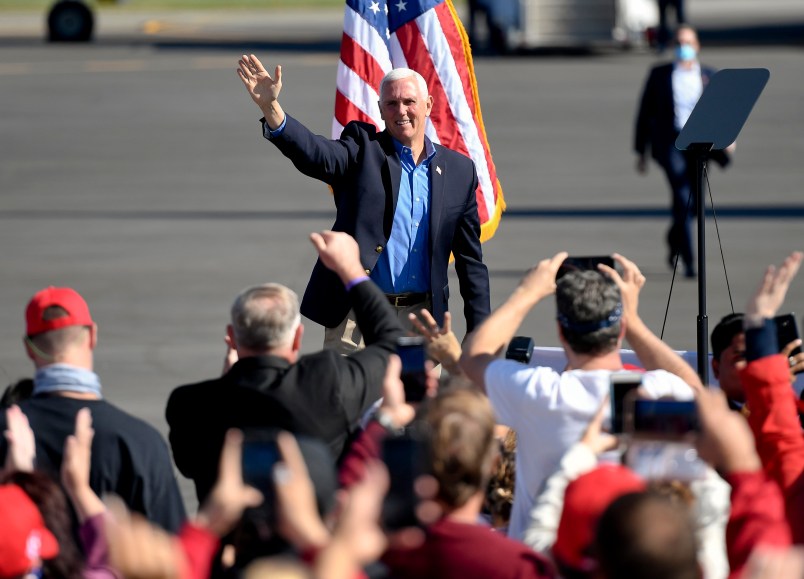 Vice President Mike Pence waves to the crowd. At the Reading Regional Airport in Bern township Saturday October 17, 2020 where Vice President Mike Pence made a stop in Air Force 2 for a campaign rally.