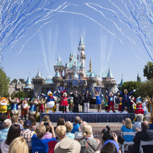 (July 17, 2015) Ð Mickey Mouse and his friends celebrate the 60th anniversary of Disneyland park during a ceremony at Sleeping Beauty Castle featuring Academy Award-winning composer, Richard Sherman and Broadway actress and singer Ashley Brown, in Anaheim, Calif. on Friday, July 17. Celebrating six decades of magic, the Disneyland Resort Diamond Celebration features three new nighttime spectaculars that immerse guests in the worlds of Disney stories like never before with "Paint the Night," the first all-LED parade at the resort; "Disneyland Forever," a reinvention of classic fireworks that adds projections to pyrotechnics to transform the park experience; and a moving new version of "World of Color" that celebrates Walt DisneyÕs dream for Disneyland. (Paul Hiffmeyer/Disneyland Resort)