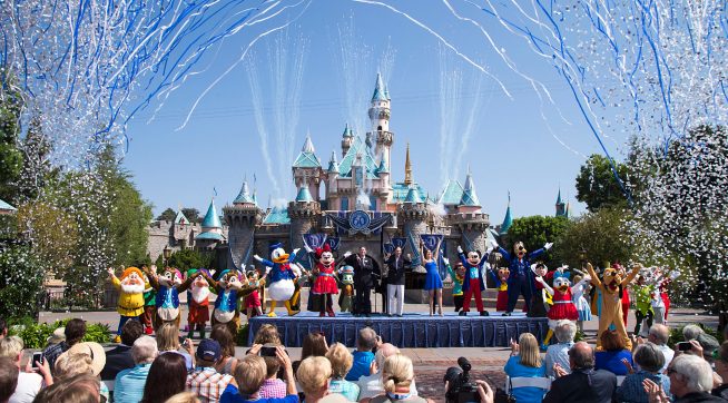 (July 17, 2015) Ð Mickey Mouse and his friends celebrate the 60th anniversary of Disneyland park during a ceremony at Sleeping Beauty Castle featuring Academy Award-winning composer, Richard Sherman and Broadway actress and singer Ashley Brown, in Anaheim, Calif. on Friday, July 17. Celebrating six decades of magic, the Disneyland Resort Diamond Celebration features three new nighttime spectaculars that immerse guests in the worlds of Disney stories like never before with "Paint the Night," the first all-LED parade at the resort; "Disneyland Forever," a reinvention of classic fireworks that adds projections to pyrotechnics to transform the park experience; and a moving new version of "World of Color" that celebrates Walt DisneyÕs dream for Disneyland. (Paul Hiffmeyer/Disneyland Resort)