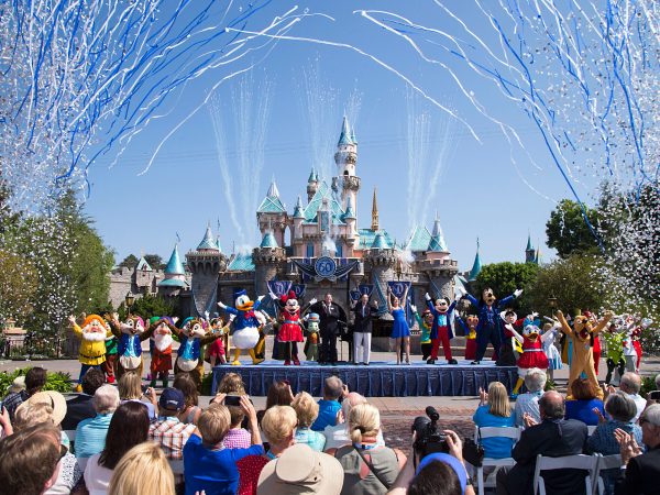 (July 17, 2015) Ð Mickey Mouse and his friends celebrate the 60th anniversary of Disneyland park during a ceremony at Sleeping Beauty Castle featuring Academy Award-winning composer, Richard Sherman and Broadway actress and singer Ashley Brown, in Anaheim, Calif. on Friday, July 17. Celebrating six decades of magic, the Disneyland Resort Diamond Celebration features three new nighttime spectaculars that immerse guests in the worlds of Disney stories like never before with "Paint the Night," the first all-LED parade at the resort; "Disneyland Forever," a reinvention of classic fireworks that adds projections to pyrotechnics to transform the park experience; and a moving new version of "World of Color" that celebrates Walt DisneyÕs dream for Disneyland. (Paul Hiffmeyer/Disneyland Resort)