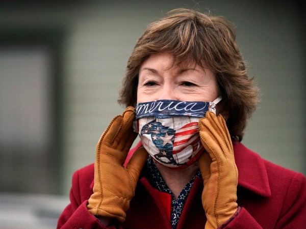 Republican Sen. Susan Collins speaks to workers at Reed and Reed, a contracting company, while campaigning Friday, Oct. 30, 2020, in Woolwich, Maine. Collins is seeking re-election against Democratic challenger Sara Gideon, the speaker of the Maine House. (AP Photo/Robert F. Bukaty)