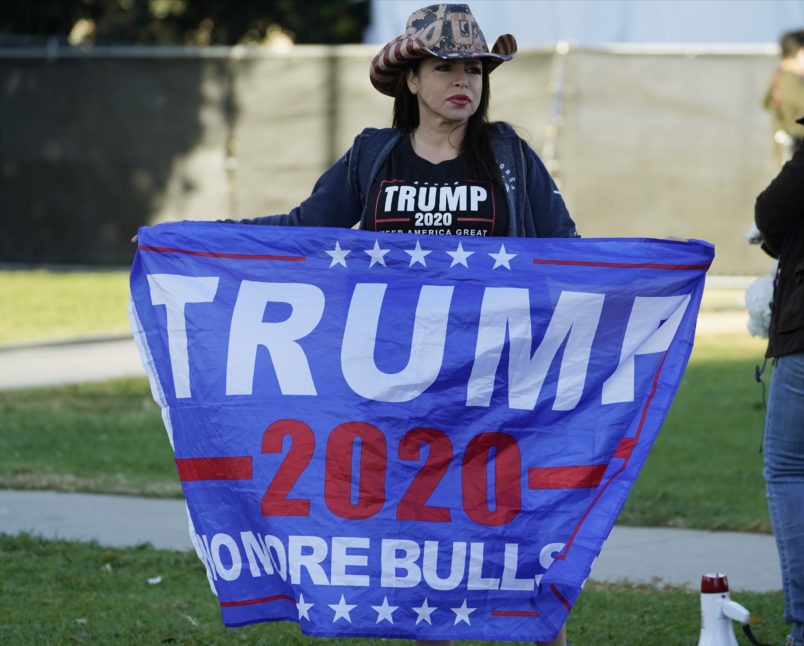 A supporter of the re-election of Donald Trump for President demonstrates on North Santa Monica Blvd., in Beverly Hills, Calif., Saturday, Nov. 7, 2020. News of President-elect Joe Biden's victory on Saturday set off celebrations and protests as jubilant supporters and frustrated opponents of the former vice president took to the streets in California's major cities. Supporters of President Trump rallied in Beverly Hills, demanding a recount of votes. (AP Photo/Damian Dovarganes)