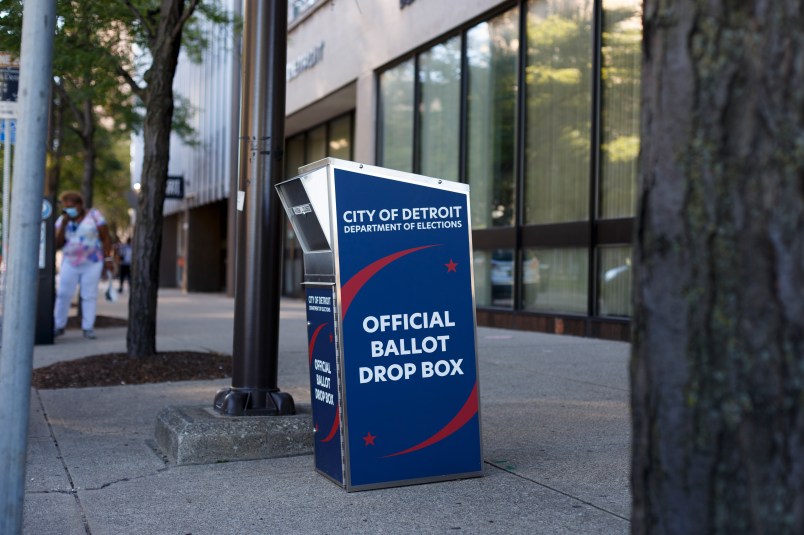 DETROIT, MI - September 4: An official ballot collection box located outside the Detroit Department of Elections office in Detroit, Michigan on Sept. 4, 2020. (Photo by Elaine Cromie For The Washington Post)