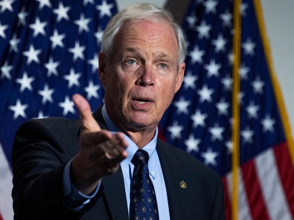 UNITED STATES - OCTOBER 21: Sen. Ron Johnson, R-Wis., talks with reporters after the Senate Republican  luncheon in Hart Building on Wednesday, October 21, 2020. (Photo By Tom Williams/CQ Roll Call/)