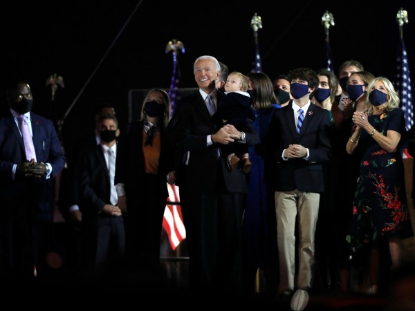 Wilmington, Pennsylvania—Nov. 7, 2020—President-elect Joe Biden and Vice-President-elect Kamal Harris address their supporters at Chase Center in Wilmington, DE, on Nov, 7, 2020 after being named the winners. Joining him is his wife, Jill Biden, Vice-President elect Kamala Harris, and her husband, Doug Emhoff. (Carolyn Cole / Los Angeles Times)(Carolyn Cole / Los Angeles Times)