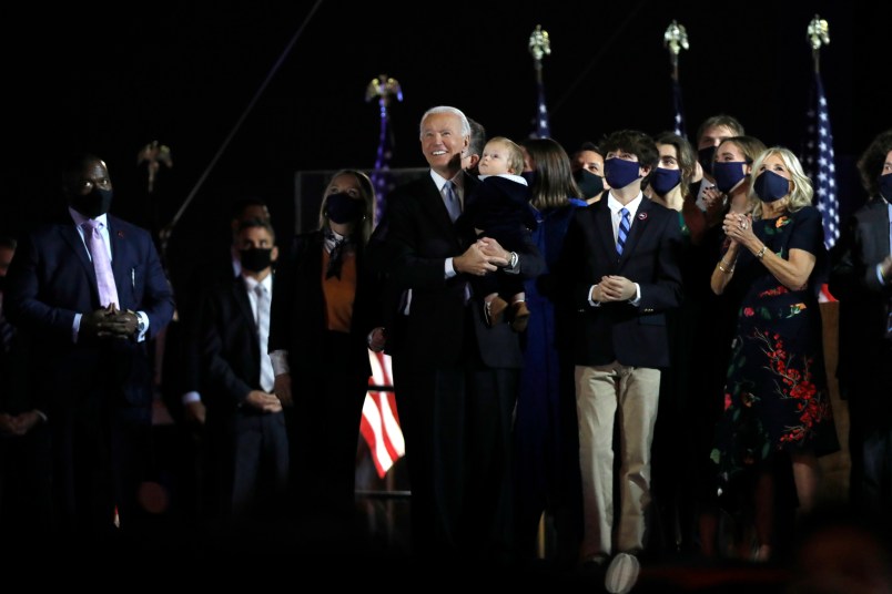 Wilmington, Pennsylvania—Nov. 7, 2020—President-elect Joe Biden and Vice-President-elect Kamal Harris address their supporters at Chase Center in Wilmington, DE, on Nov, 7, 2020 after being named the winners. Joining him is his wife, Jill Biden, Vice-President elect Kamala Harris, and her husband, Doug Emhoff. (Carolyn Cole / Los Angeles Times)(Carolyn Cole / Los Angeles Times)