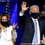 WILMINGTON, DE - NOVEMBER 07: (L-R) Douglas Emhoff, Vice-President-elect Kamal Harris, President-elect Joe Biden and Dr. Jill Biden wave to supporters after defeating Donald Trump in the 2020 U.S. Presidential election on Saturday, Nov.7 , 2020 in Wilmington, DE. (Carolyn Cole / Los Angeles Times)