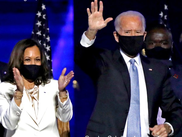 WILMINGTON, DE - NOVEMBER 07: (L-R) Douglas Emhoff, Vice-President-elect Kamal Harris, President-elect Joe Biden and Dr. Jill Biden wave to supporters after defeating Donald Trump in the 2020 U.S. Presidential election on Saturday, Nov.7 , 2020 in Wilmington, DE. (Carolyn Cole / Los Angeles Times)