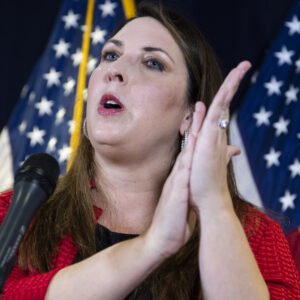 UNITED STATES - NOVEMBER 9: Ronna McDaniel, chairwoman of the Republican National Committee, conducts a news conference to discuss Pennsylvania litigation and to “give an overview of the post-Election Day landscape,” at the RNC on Capitol Hill on Monday, November 9, 2020. Kayleigh McEnany, White House press secretary, and Matthew Morgan, President Trump’s campaign general counsel, also attended. (Photo By Tom Williams/CQ Roll Call)