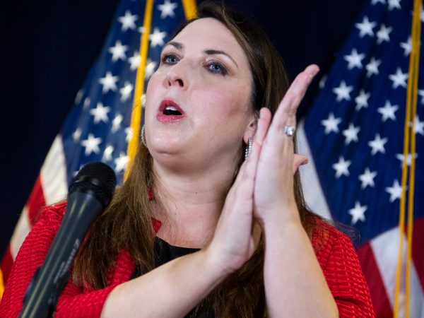 UNITED STATES - NOVEMBER 9: Ronna McDaniel, chairwoman of the Republican National Committee, conducts a news conference to discuss Pennsylvania litigation and to “give an overview of the post-Election Day landscape,” at the RNC on Capitol Hill on Monday, November 9, 2020. Kayleigh McEnany, White House press secretary, and Matthew Morgan, President Trump’s campaign general counsel, also attended. (Photo By Tom Williams/CQ Roll Call)