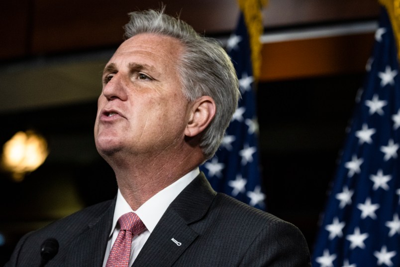 WASHINGTON, DC - NOVEMBER 12: House Minority Leader Kevin McCarthy (R-CA) speaks during a press conference at the U.S. Capitol on November 12, 2020 in Washington, DC. McCarthy criticized his colleagues across the aisle and faced questions about the new Republican House members that are on the more extreme end of the political spectrum. (Photo by Samuel Corum/Getty Images) *** Local Caption *** Kevin McCarthy