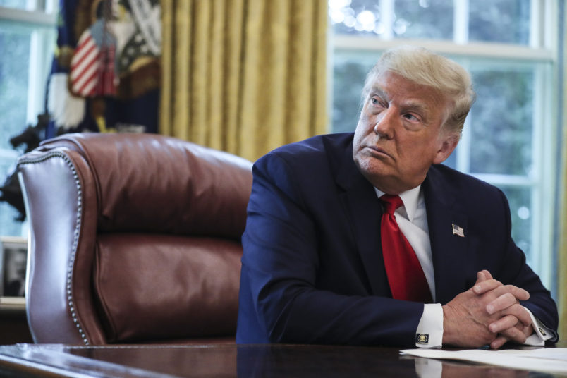 President Donald Trump listens during an event commemorating the repatriation of Native American remains and artifacts from the Republic of Finland in the Oval Office of the White House on Thursday, Sept. 17, 2020, Washington, DC.(Photo by Oliver Contreras/For The New York Times)