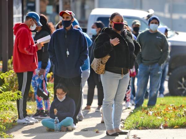 People wait in line to vote at the polling location at Christ Lutheran Church on Lehigh Street in Reading Tuesday morning  November 3, 2020 at 10:00 am. During the 2020 Presidential Election.