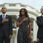 U.S. President Barack Obama, first lady Michelle Obama, Vice President Joe Biden and Dr. Jill Biden observe a moment of silence to mark the 13th anniversary of the 9/11 attacks September 11, 2014 in Washington, DC. Obama and the first lady will travel to the Pentagon later today for another memorial ceremony.