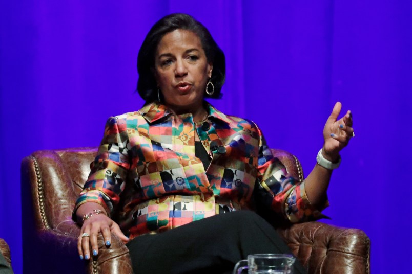 Former national security adviser Susan Rice takes part in a discussion on global leadership at Vanderbilt University Wednesday, Feb. 19, 2020, in Nashville, Tenn. (AP Photo/Mark Humphrey)