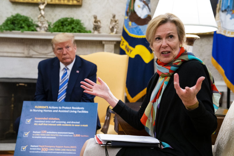 NYTVIRUS - President Donald Trump makes remarks as he meets with Florida Governor Ron DeSantis and Dr. Deborah Birx, White House coronavirus response coordinator, in the Oval Office, Tuesday, April 28, 2020.  ( Photo by Doug Mills/The New York Times)