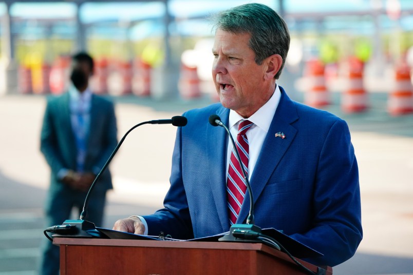 ATLANTA, GA - AUGUST 10: Georgia Governor Brian Kemp speaks during a press conference announcing statewide expanded COVID testing on August 10, 2020 in Atlanta, Georgia. (Photo by Elijah Nouvelage/Getty Images)