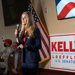 CUMMING, GA - NOVEMBER 13: Republican Senators David Perdue and Kelly Loeffler spoke at a campaign event to supporters on November 13, 2020 in Cumming, Georgia. Both are running for reelection. (Photo by Megan Varner/Getty Images)