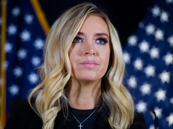 UNITED STATES - NOVEMBER 9 (FILE): Kayleigh McEnany, White House press secretary, conducts a news conference discussing Pennsylvania litigation and to “give an overview of the post-Election Day landscape,” at the RNC on Capitol Hill on Monday, November 9, 2020. Ronna McDaniel, chairwoman of the Republican National Committee, and Matthew Morgan, President Trump’s campaign general counsel, also attended. (Photo By Tom Williams/CQ Roll Call)