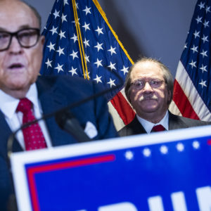 UNITED STATES - NOVEMBER 19: Rudolph Giuliani, left, and Joseph diGenova, center, attorneys for President Donald Trump, conduct a news conference at the Republican National Committee on lawsuits regarding the outcome of the 2020 presidential election on Thursday, November 19, 2020. (Photo By Tom Williams/CQ Roll Call)