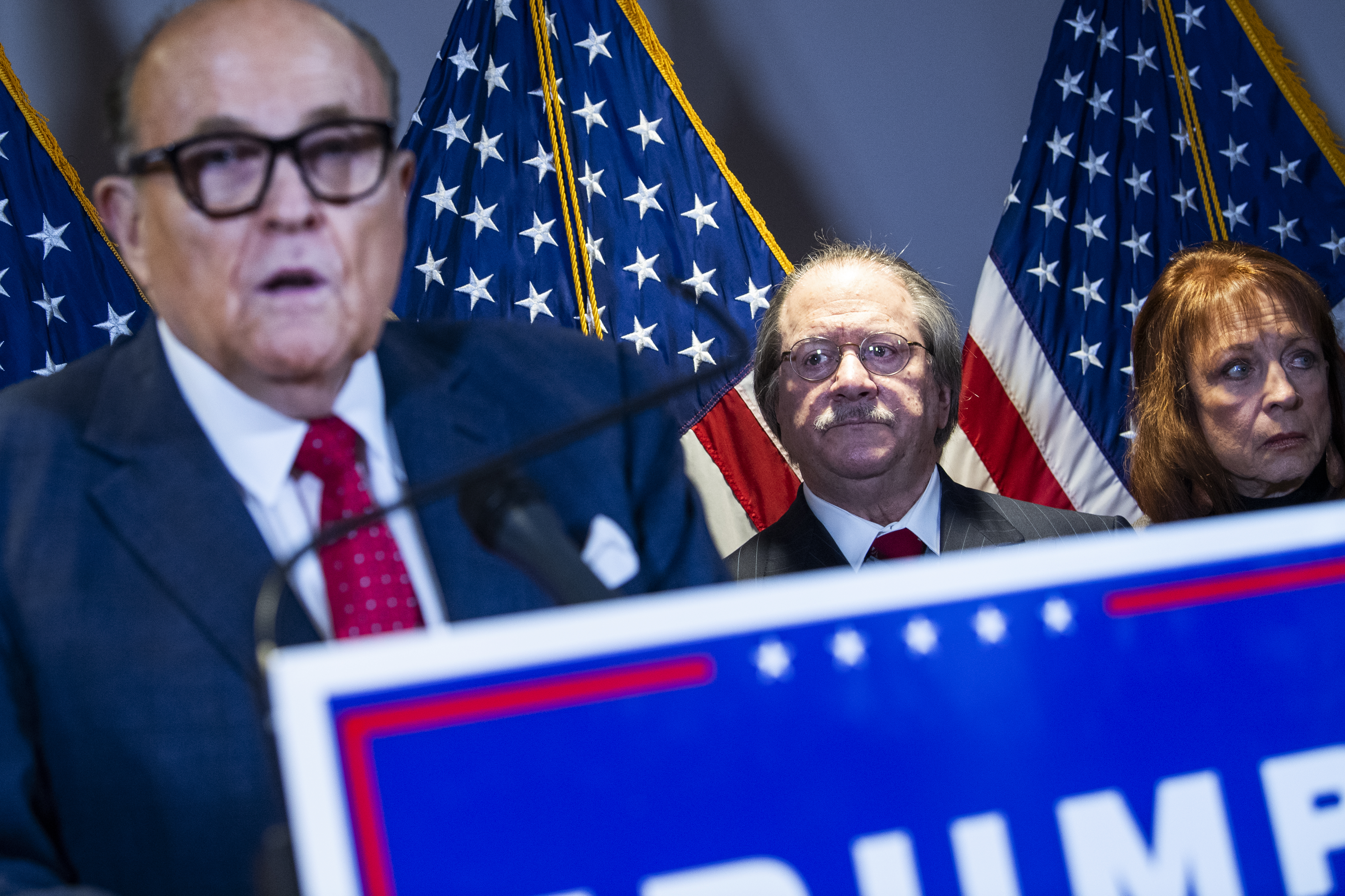 UNITED STATES - NOVEMBER 19: Rudolph Giuliani, left, and Joseph diGenova, center, attorneys for President Donald Trump, conduct a news conference at the Republican National Committee on lawsuits regarding the outcome of the 2020 presidential election on Thursday, November 19, 2020. (Photo By Tom Williams/CQ Roll Call)