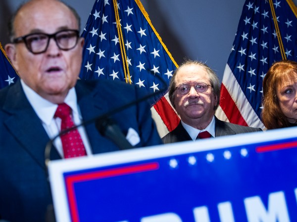 UNITED STATES - NOVEMBER 19: Rudolph Giuliani, left, and Joseph diGenova, center, attorneys for President Donald Trump, conduct a news conference at the Republican National Committee on lawsuits regarding the outcome of the 2020 presidential election on Thursday, November 19, 2020. (Photo By Tom Williams/CQ Roll Call)