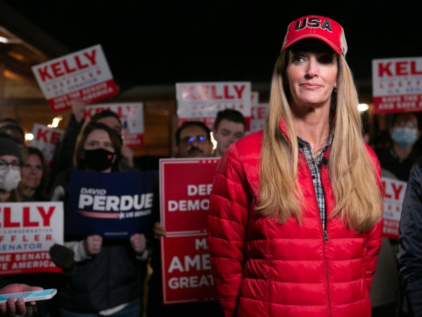 CUMMING, GA - DECEMBER 20: Georgia Republican Senate candidate Kelly Loeffler (R-GA) takes questions from the media during a rally on December 20, 2020 in Cumming, Georgia. The Senate Firewall campaign event comes ahead of a crucial runoff election for Sen. David Perdue and Sen. Kelly Loeffler on January 5th that will determine what party controls the United States Senate.  (Photo by Jessica McGowan/Getty Images)