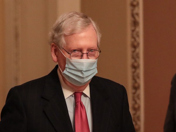 WASHINGTON, DC - DECEMBER 21: Senate Majority Leader Mitch McConnell (R-KY) walks to his office after leaving the Senate Floor at the U.S. Capitol on December 21, 2020 in Washington, DC. The House and Senate are set to vote today on a roughly $900 billion pandemic relief bill to bolster the U.S. economy amid the continued coronavirus pandemic that would be the second-biggest economic rescue measure in the nations history. (Photo by Cheriss May/Getty Images)