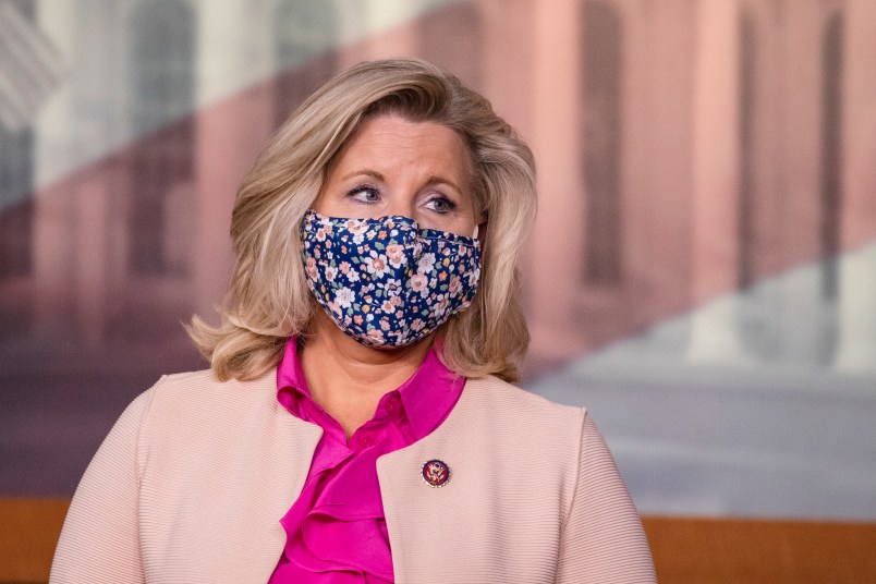 WASHINGTON, DC - JULY 21: Rep. Liz Cheney (R-WY) wears a mask during a news with other Republican members of the House of Representatives at the US Capitol on July 21, 2020 in Washington, DC. (Photo by Samuel Corum/Getty Images) *** Local Caption *** Liz Cheney