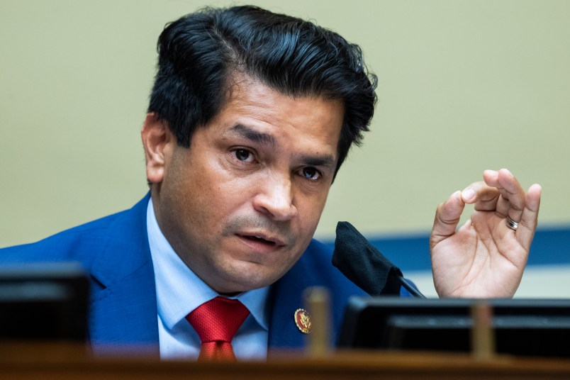 UNITED STATES - AUGUST 24: Rep. Jimmy Gomez, D-Calif., questions Postmaster General Louis DeJoy during the House Oversight and Reform Committee hearing titled “Protecting the Timely Delivery of Mail, Medicine, and Mail-in Ballots,” in Rayburn House Office Building on Monday, August 24, 2020. (Photo By Tom Williams/CQ Roll Call/Pool)