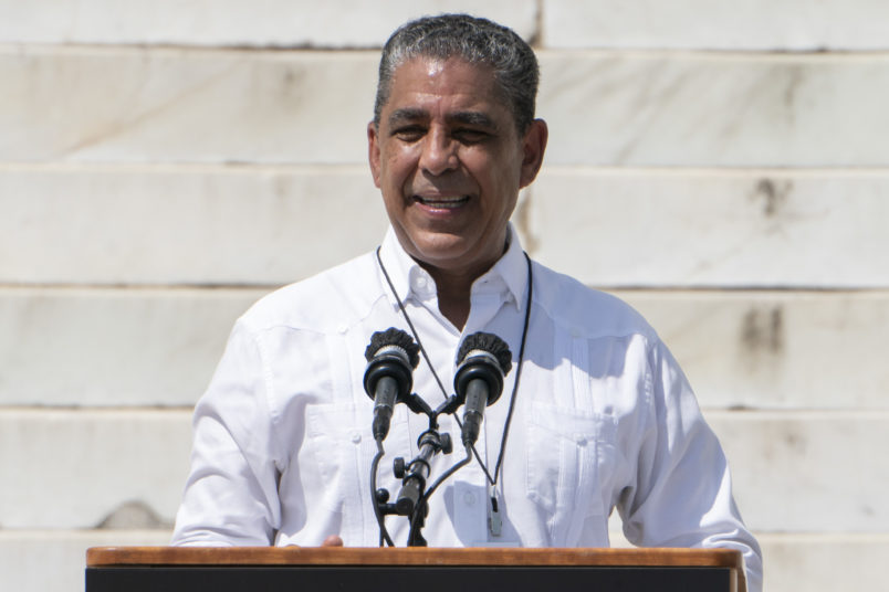 Rep. Adriano Espaillat, D-N.Y., speaks during the March on Washington, Friday Aug. 28, 2020, at the Lincoln Memorial in Washington, on the 57th anniversary of the Rev. Martin Luther King Jr.’s “I Have A Dream” speech. (AP Photo/Jacquelyn Martin, Pool)