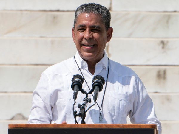 Rep. Adriano Espaillat, D-N.Y., speaks during the March on Washington, Friday Aug. 28, 2020, at the Lincoln Memorial in Washington, on the 57th anniversary of the Rev. Martin Luther King Jr.’s “I Have A Dream” speech. (AP Photo/Jacquelyn Martin, Pool)