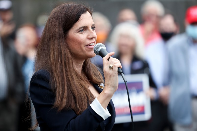 CHARLESTON, SC - OCTOBER 31: Republican congressional candidate Nancy Mace speaks to the crowd at an event with Sen. Lindsey Graham at the Charleston County Victory Office during Graham’s campaign bus tour on October 31, 2020 in Charleston, South Carolina. Graham is in a closely watched race against democratic challenger Jaime Harrison. (Photo by Michael Ciaglo/Getty Images)