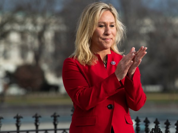 UNITED STATES - JANUARY 4: Rep. Marjorie Taylor Greene, R-Ga., is seen during a group photo with freshmen members of the House Republican Conference on the House steps of the Capitol on Monday, January 4, 2021. (Photo By Tom Williams/CQ Roll Call)
