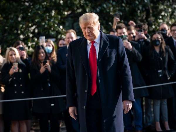 WASHINGTON, DC - JANUARY 12: U.S. President Donald Trump walks toward reporters as he exits the White House to walk toward Marine One on the South Lawn on January 12, 2021 in Washington, DC. Following last week's deadly pro-Trump riot on Capitol Hill, President Trump is making his first public appearance on Tuesday as he makes a trip to the border town of Alamo, Texas to view the partial construction of a wall along the U.S.-Mexico border. (Photo by Drew Angerer/Getty Images)