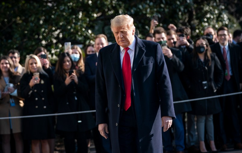 WASHINGTON, DC - JANUARY 12: U.S. President Donald Trump walks toward reporters as he exits the White House to walk toward Marine One on the South Lawn on January 12, 2021 in Washington, DC. Following last week's deadly pro-Trump riot on Capitol Hill, President Trump is making his first public appearance on Tuesday as he makes a trip to the border town of Alamo, Texas to view the partial construction of a wall along the U.S.-Mexico border. (Photo by Drew Angerer/Getty Images)