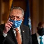 WASHINGTON, DC - JANUARY 21, 2021: Senate Majority Leader Chuck Schumer (D-NY) leads a press conference to introduce new Senators like Senator Raphael Warnock (D-GA), and Jon Ossoff (D-GA) on Capitol Hill in Washington, DC Thursday January 21, 2021. (Photo by Melina Mara/The Washington Post)