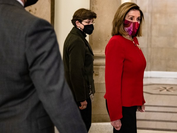 WASHINGTON, DC - JANUARY 25: Speaker of the House Nancy Pelosi (D-CA) heads back to her office after calling the House of Representatives into a pro forma session on January 25, 2021 in Washington, DC. Later today the House will be sending the Articles of Impeach meant of former President Donald Trump to the Senate which will trigger the start of the trial. (Photo by Samuel Corum/Getty Images) *** Local Caption *** Nancy Pelosi